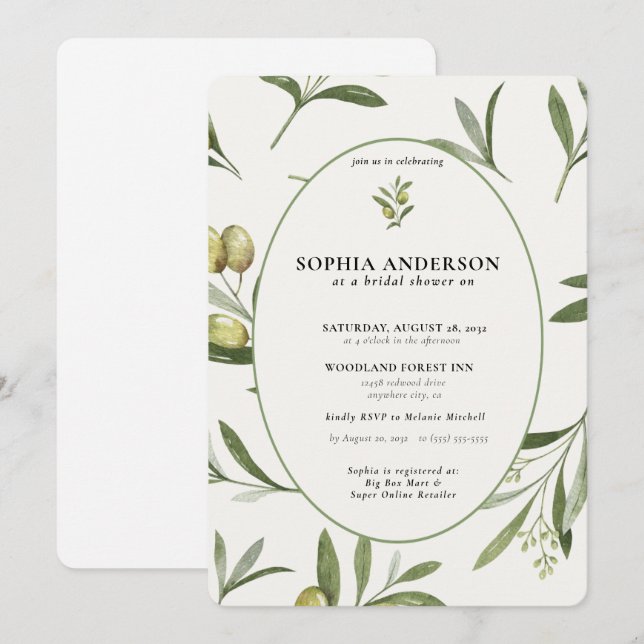 Modern Olive Branch Bridal Shower Invitation (Front/Back)