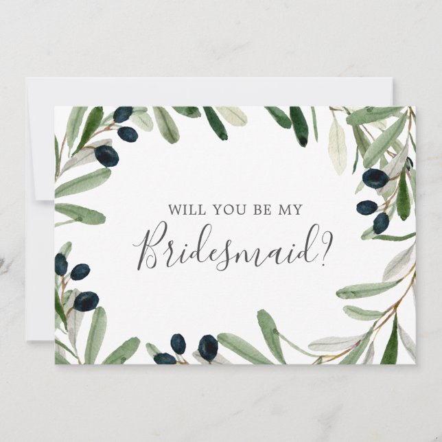 Modern Olive Branch Bridesmaid Proposal Card (Front)
