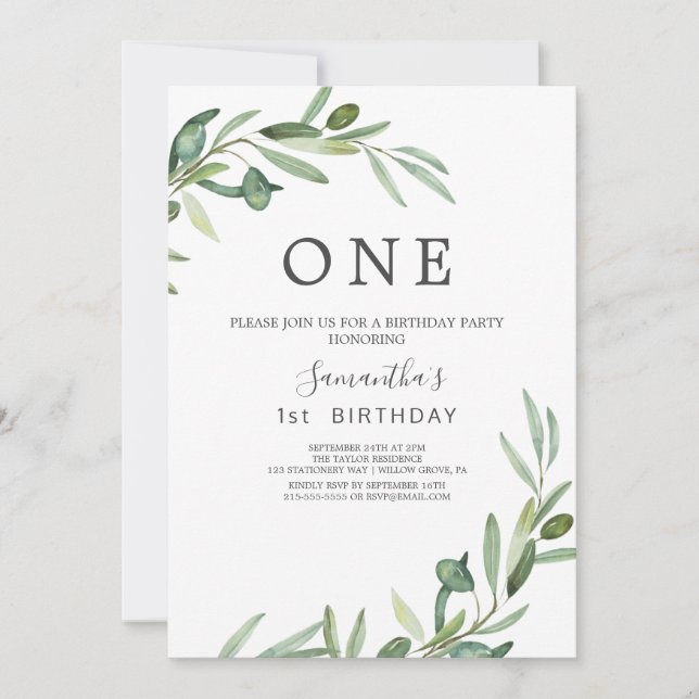 Modern Olive Branch First Birthday Party  Invitation (Front)