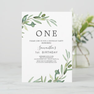 Modern Olive Branch First Birthday Party  Invitation