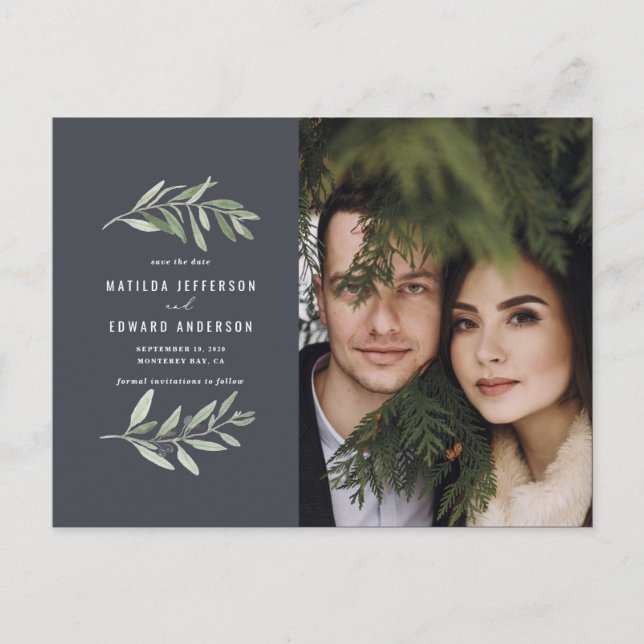 Modern olive branch foliage photo save the date holiday postcard (Front)