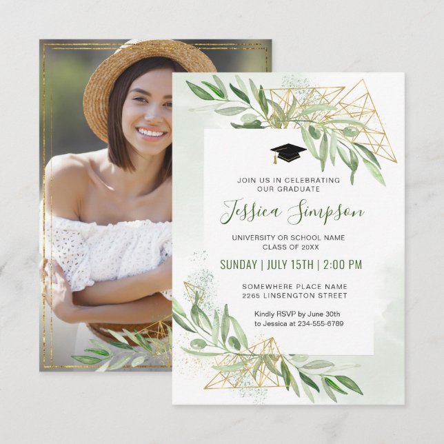Modern Olive Branch Greenery Photo Graduation Invitation (Front/Back)
