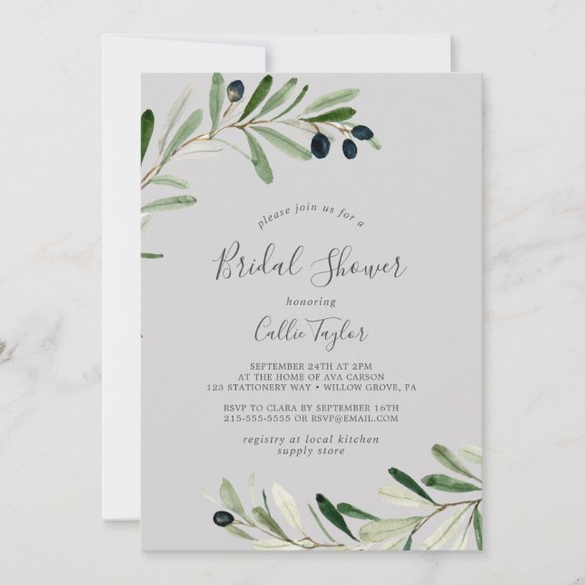 Modern Olive Branch | Grey Bridal Shower Invitation (Front)
