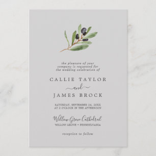 Modern Olive Branch   Grey Formal Wedding Invitation