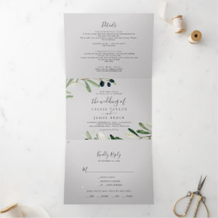 Modern Olive Branch Grey Photo Wedding All In One Tri-Fold Invitation