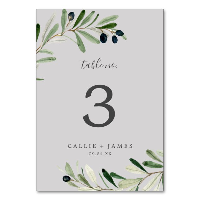 Modern Olive Branch | Grey Table Number (Front)