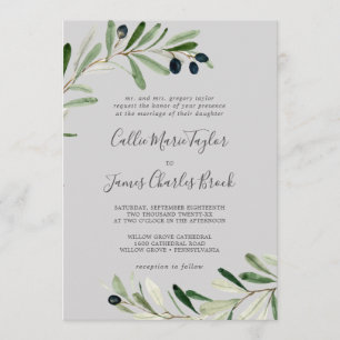 Modern Olive Branch Grey Traditional Wedding Invitation