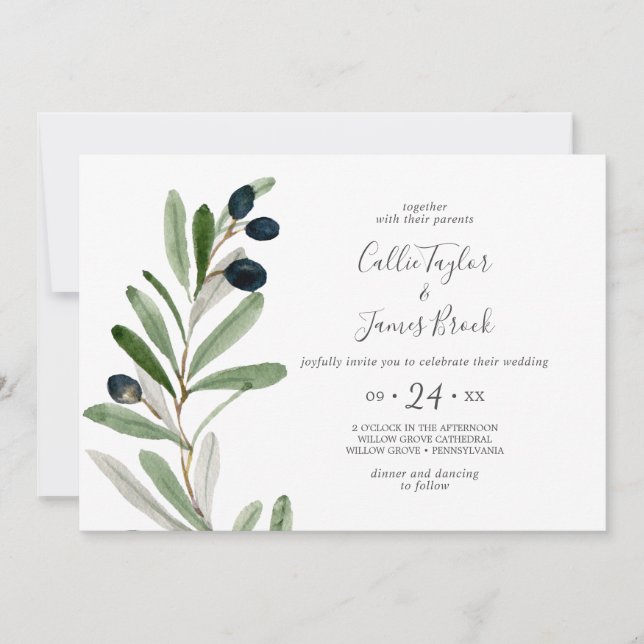 Modern Olive Branch Horizontal Wedding Invitation (Front)