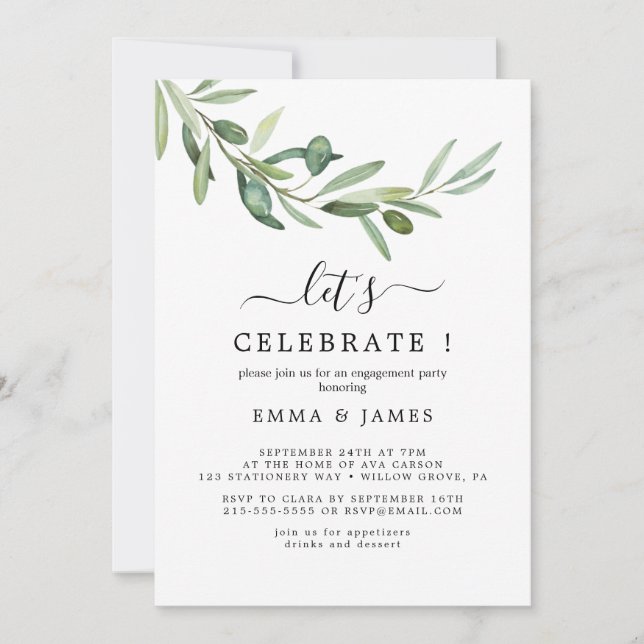 Modern Olive Branch "Let's Celebrate" Invitation (Front)