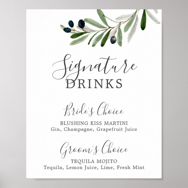 Modern Olive Branch Signature Drinks Sign (Front)