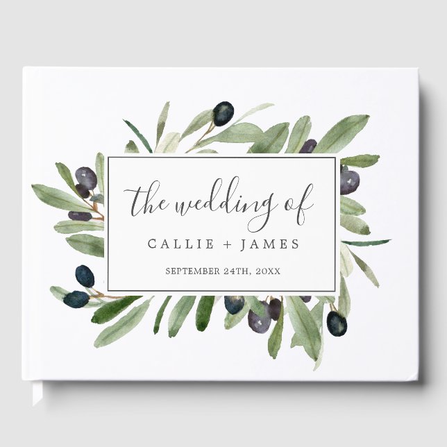 Modern Olive Branch Wedding Guest Book (Front)