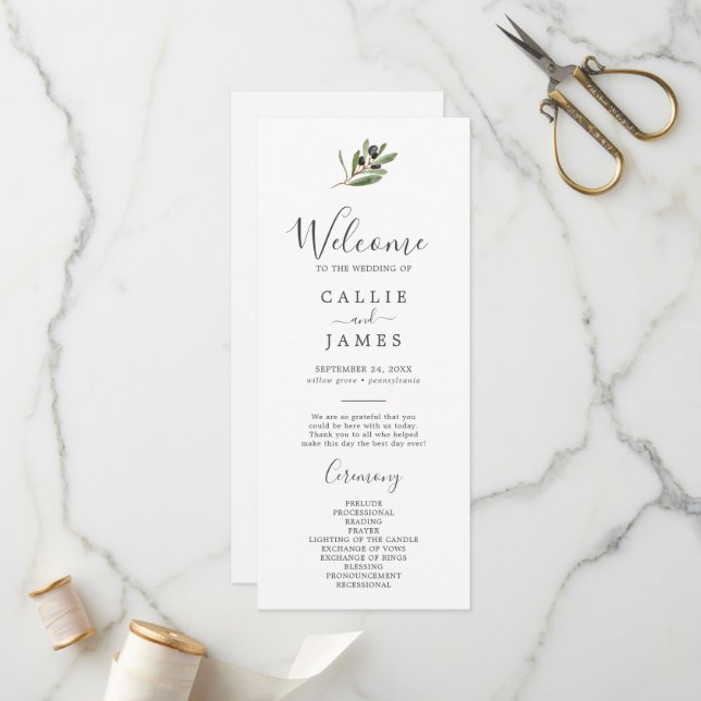 Modern Olive Branch Wedding Program (Front/Back In Situ)