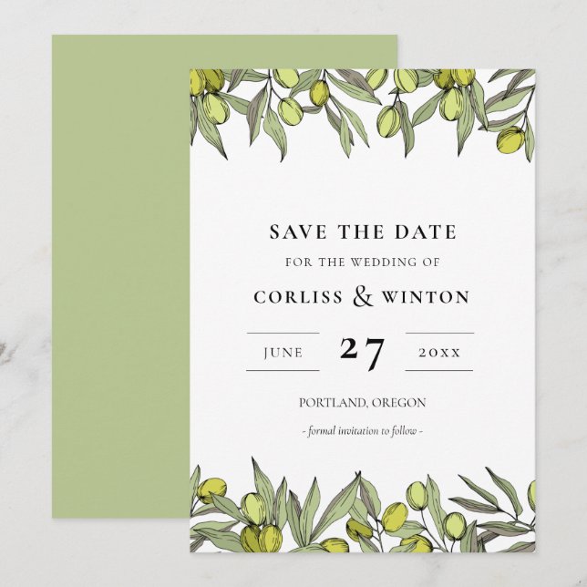 Modern Olive branches Save the date Invitation (Front/Back)