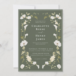 Modern Olive Calla Lily & Orchid Botanical Wedding Invitation