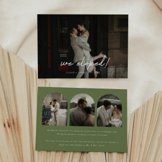 Modern Olive Green 4-Photo Arch Wedding Elopement Announcement