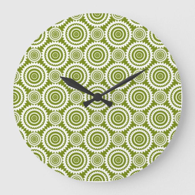 Modern Olive Green and White Geometric Pattern Art Large Clock (Front)