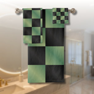 Modern Olive Green Black Gradient Chequered  Bath Towel Set