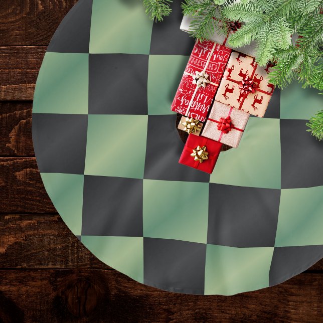 Modern Olive Green Black Gradient Chequered  Brushed Polyester Tree Skirt (Creator Uploaded)