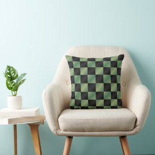 Modern Olive Green Black Gradient Chequered Throw Pillow