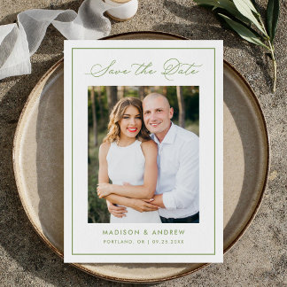 Modern Olive Green Border Script Photo Wedding Save The Date