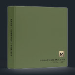 Modern Olive Green Brushed Gold Monogram Binder<br><div class="desc">Modern Brushed Metallic Gold Monogram Medallion Classic Block Typography Initial Name Custom Text Olive Green Home Office Work School Recipe 3 ring binder</div>