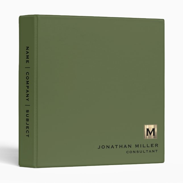 Modern Olive Green Brushed Gold Monogram Binder (Front/Spine)