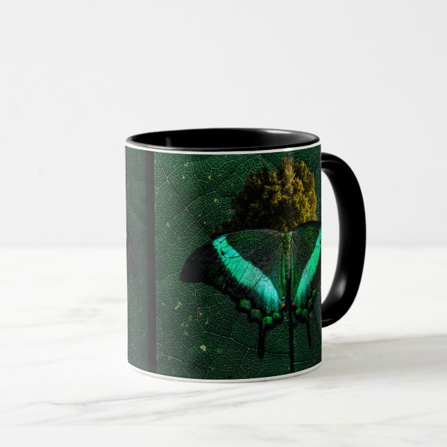 Modern Olive Green Butterfly Collage Art Mug (Front Right)