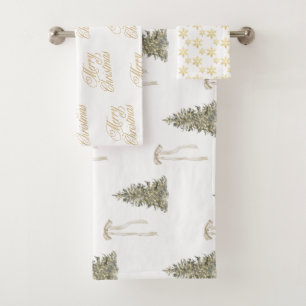 Modern Olive Green Christmas Trees & Bows  Bath Towel Set