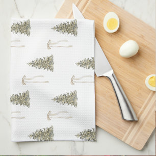 Modern Olive Green Christmas Trees & Bows  Kitchen Towel