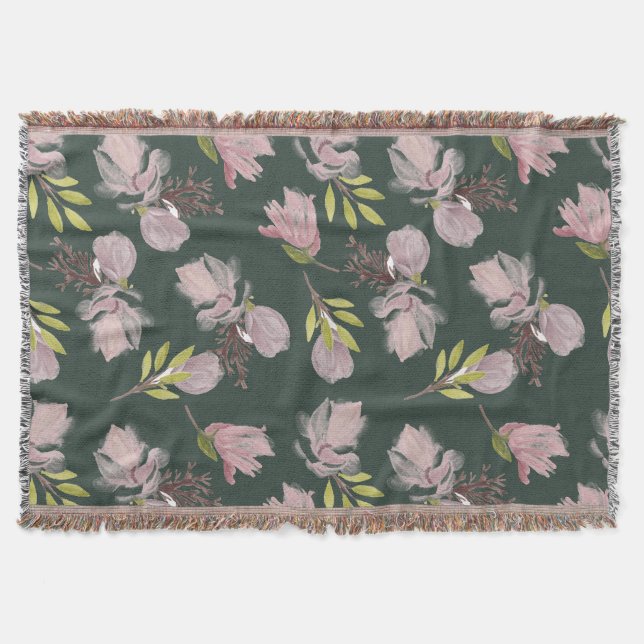Modern olive green cozy floral pattern stylish throw blanket (Front)