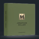 Modern Olive Green Gold Monogram Binder<br><div class="desc">Modern Brushed Metallic Gold Monogram Medallion Classic Block Typography Initial Name Custom Text Olive Green Home Office Work School Recipe 3 ring binder</div>