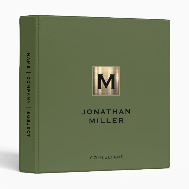 Modern Olive Green Gold Monogram Binder (Front/Spine)