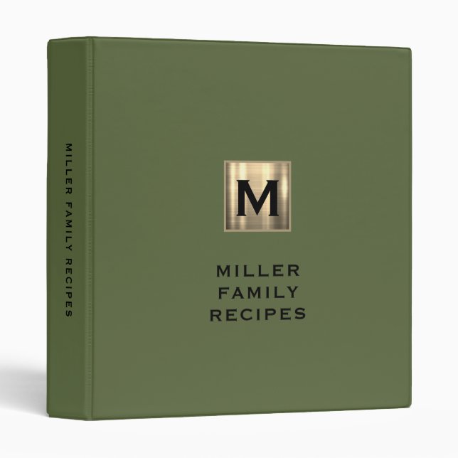 Modern Olive Green Gold Monogram Family Recipe Binder (Front/Spine)