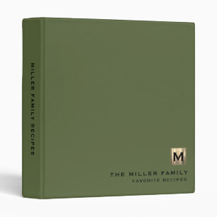 Modern Olive Green Gold Monogram Family Recipe Binder