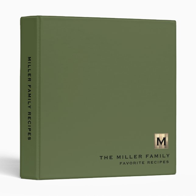 Modern Olive Green Gold Monogram Family Recipe Binder (Front/Spine)