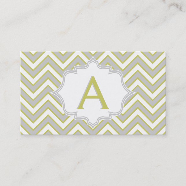 Modern olive green, grey chevron monogram business card (Front)