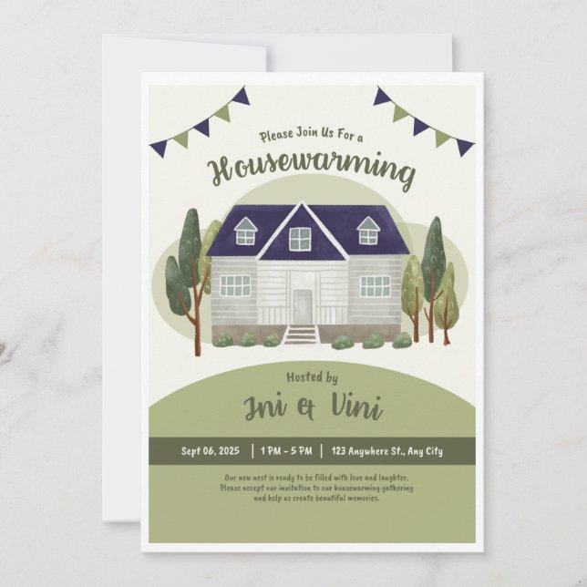 Modern Olive Green Invitation Card, New Home Party (Front)