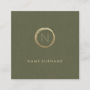 Modern Olive Green Linen Elegant Gold Monogram Square Business Card