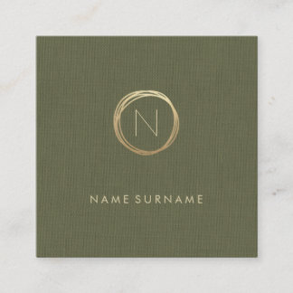 Modern Olive Green Linen Elegant Gold Monogram Square Business Card