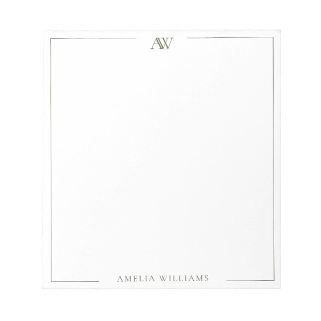 Modern Olive Green Minimalist Elegant Monogram Notepad (Front)