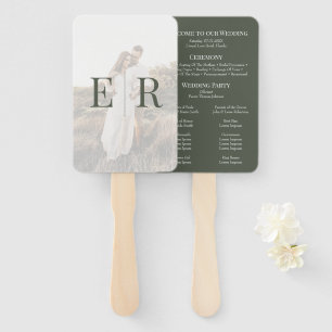Modern Olive Green Monogram Photo Wedding Program Hand Fan