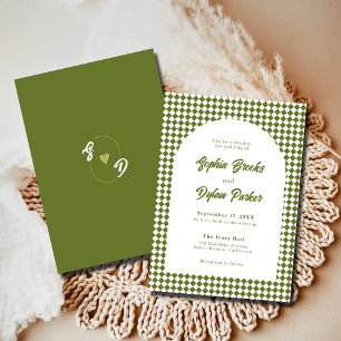 Modern Olive Green Old Money Checkered Wedding Invitation