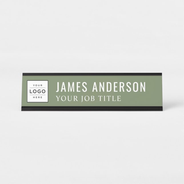 Modern Olive Green Personalized Business Logo Desk Name Plate (Front)