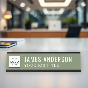 Modern Olive Green Personalized Business Logo Desk Name Plate