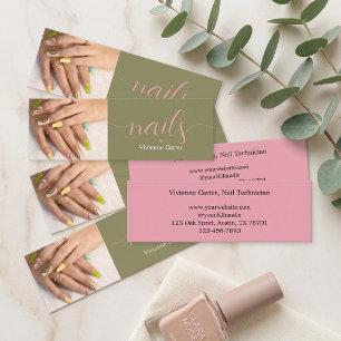 Modern Olive Green Pink Script Photo Nail Salon Mini Business Card