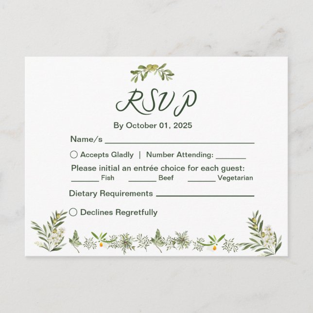 Modern Olive Green RSVP Invitation Postcard (Front)