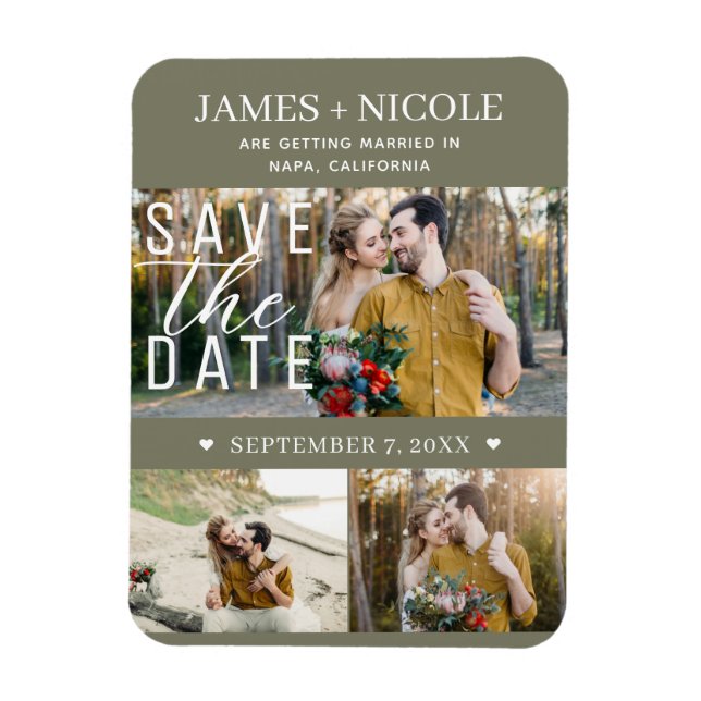 Modern Olive Green Save the Date Wedding 3 Photos Magnet (Vertical)