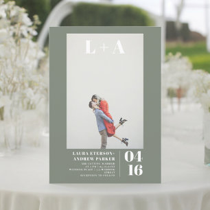 Modern olive green simple initials photo wedding invitation
