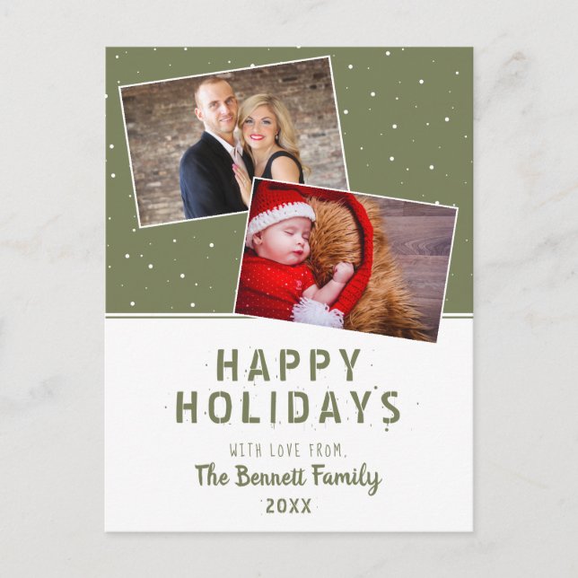 Modern Olive Green Snowflake Holiday 2 Photo Postcard (Front)