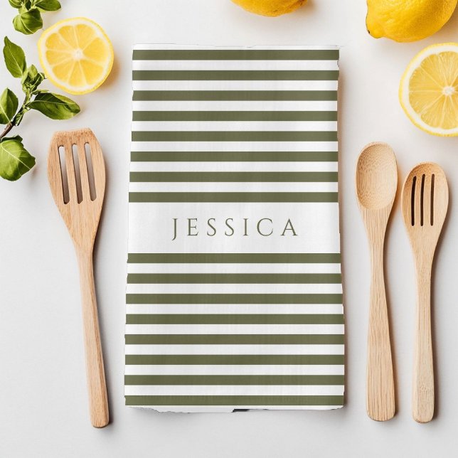 Modern Olive Green Striped Pattern Kitchen Towel (Olive Green & White Farmhouse Striped Pattern Kitchen Towel)